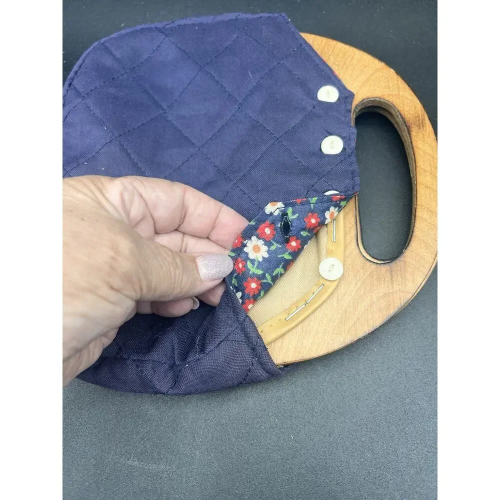 Vintage Bermuda Wooden Handle Bag Purse Blue Reversible Cover Handbag Pocketbook